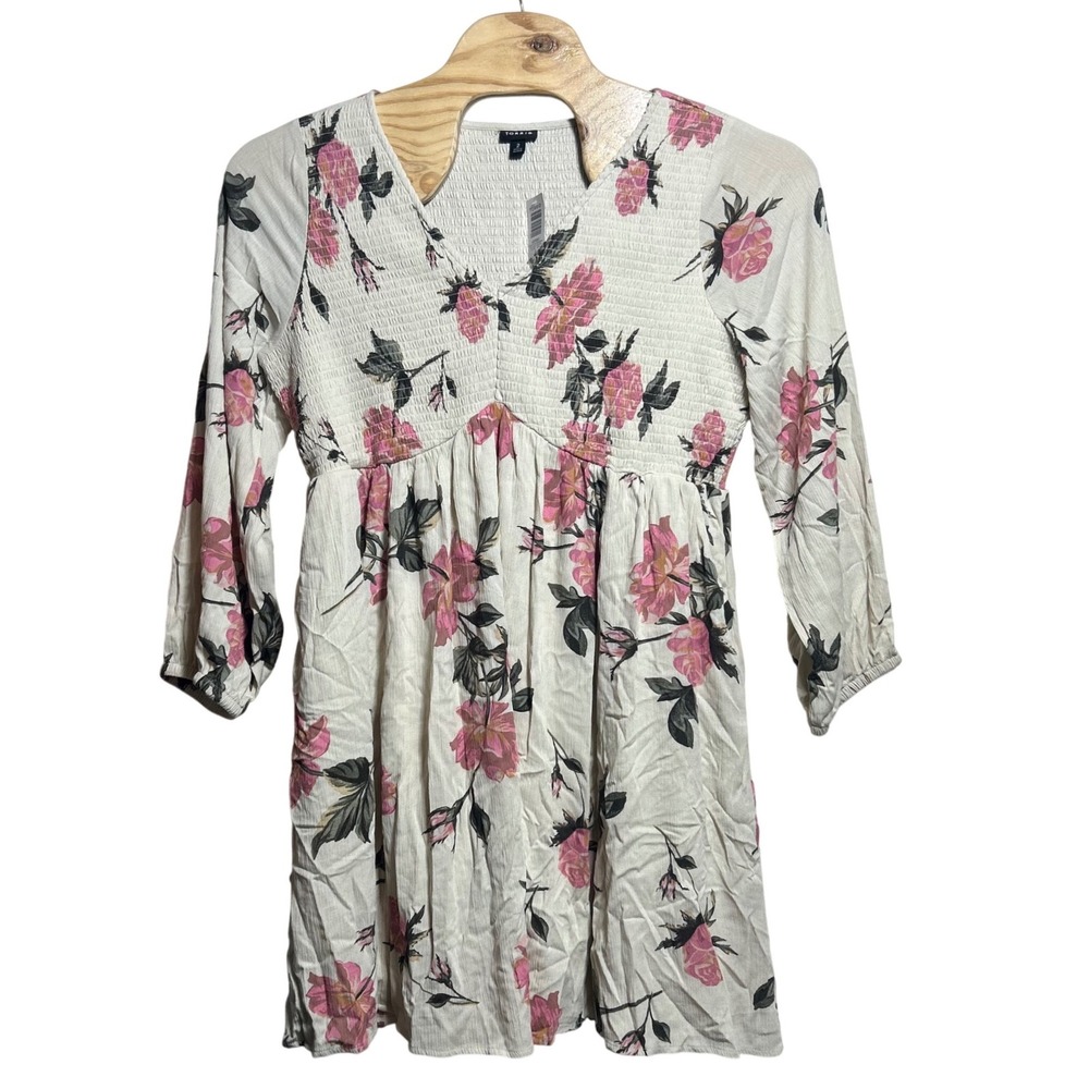 Torrid Rory Floral Sandstone Smocked V-Neck Mini Dress Pink Rose Plus Size 2 2X
